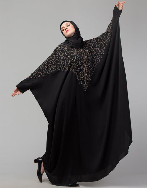 Trendy Black Shine Nida Golden Embroidery Abaya Close-up View